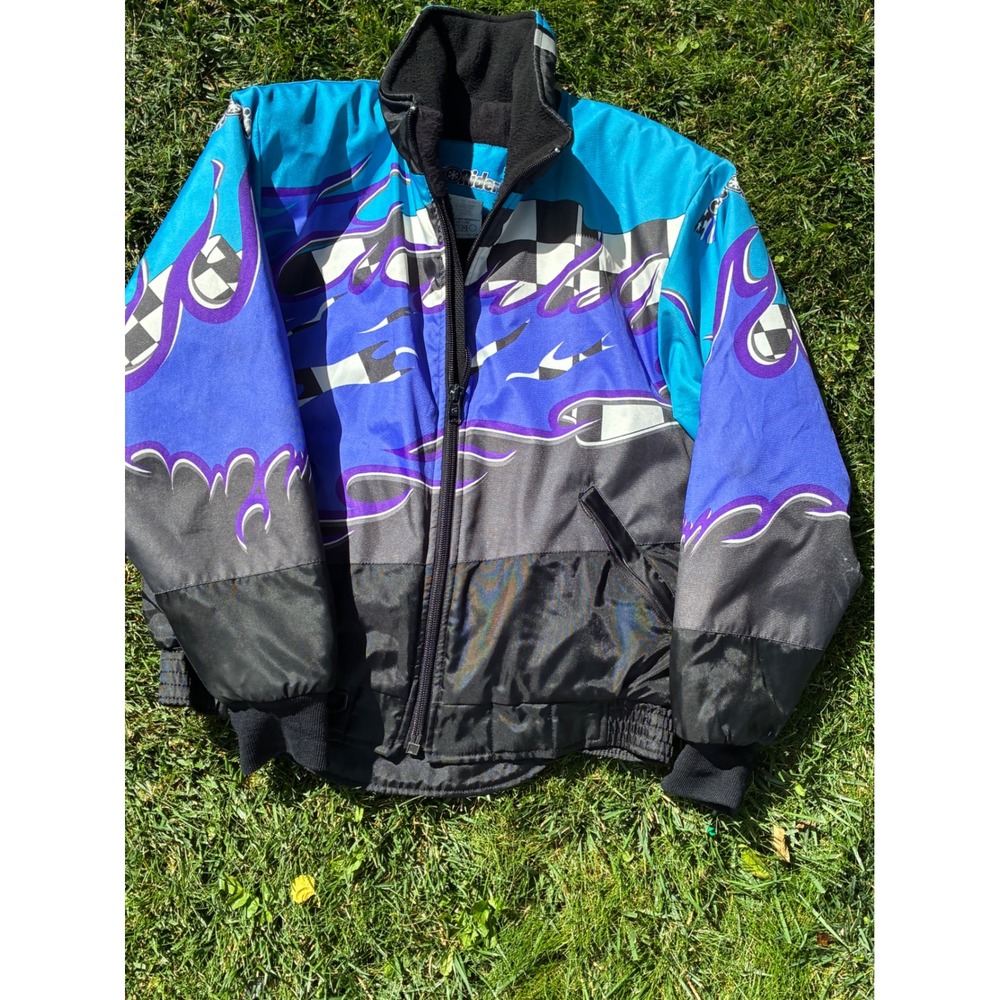 Vintage SnoRider USA Snowmobile Jacket Medium Blue Purple Flame Checkered Flag
